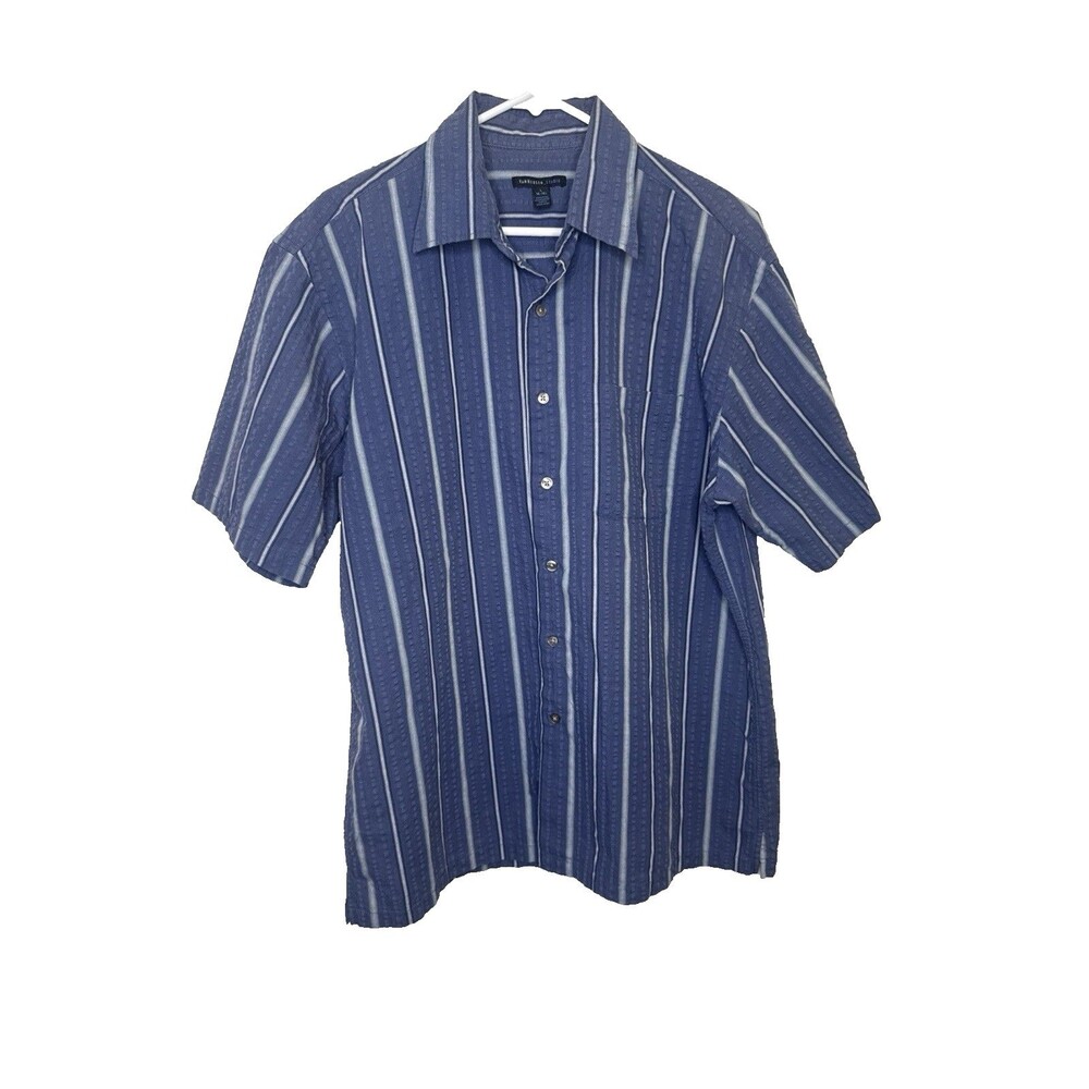 Van Heusen Studio Mens Size L Blue Striped Short Sleeve Button Up Shirt 16-16 1/